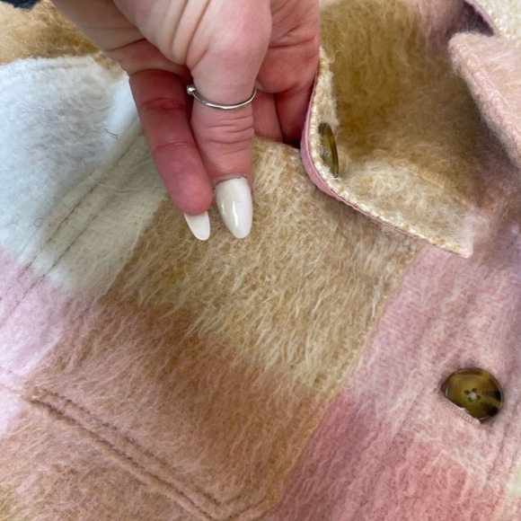 Old Navy Checkered Coat wool Shacket jacket plaid pink/brown pockets SZ L - Picture 8 of 11